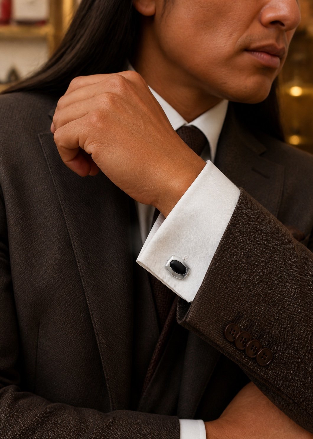 Black Onyx Cabochon Stainless Steel Cufflinks — detail view Black Onyx Cabochon Stainless Steel Cufflinks — detail view