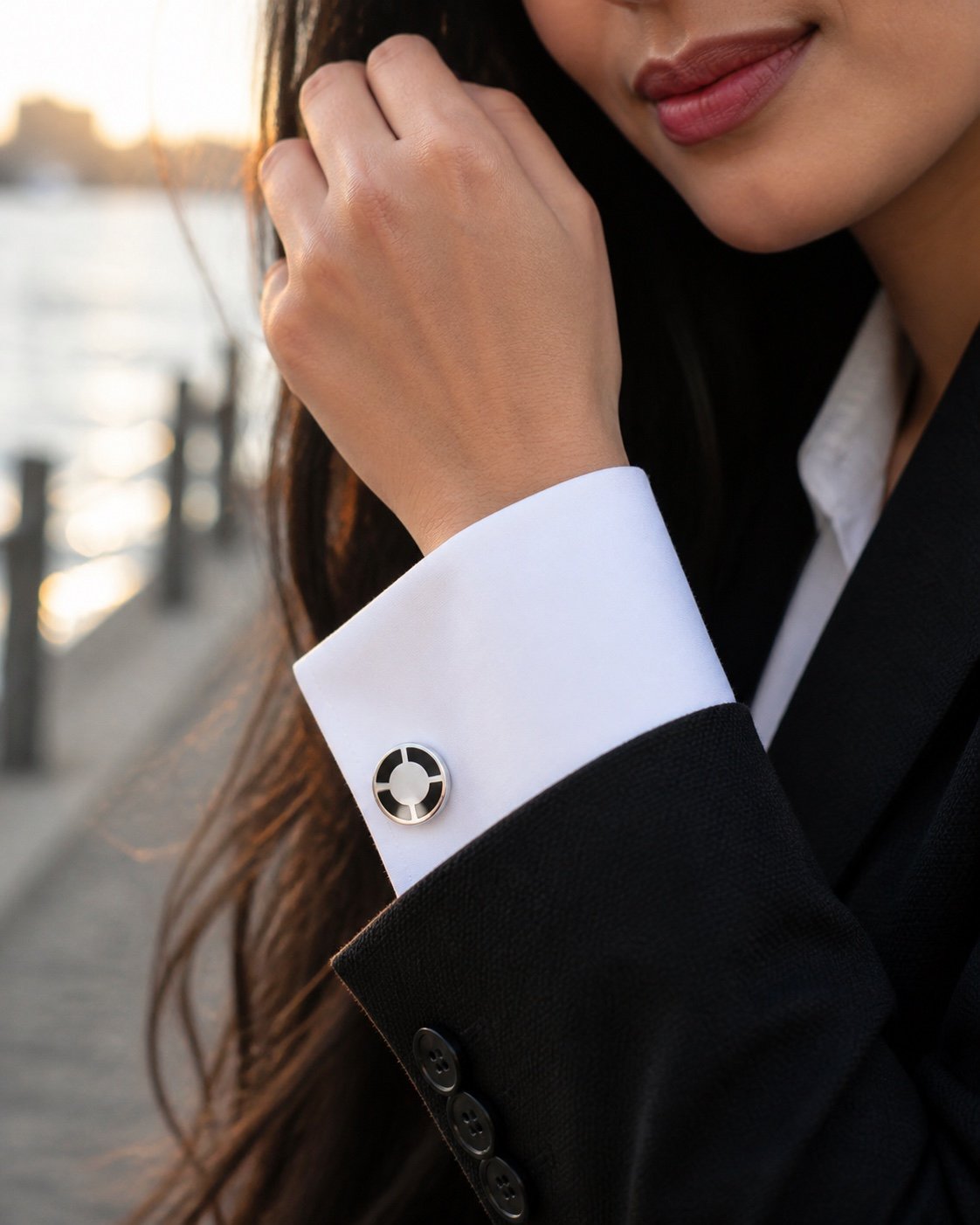 Black & Silver Radial-Panel Cufflinks — detail view Black & Silver Radial-Panel Cufflinks — detail view
