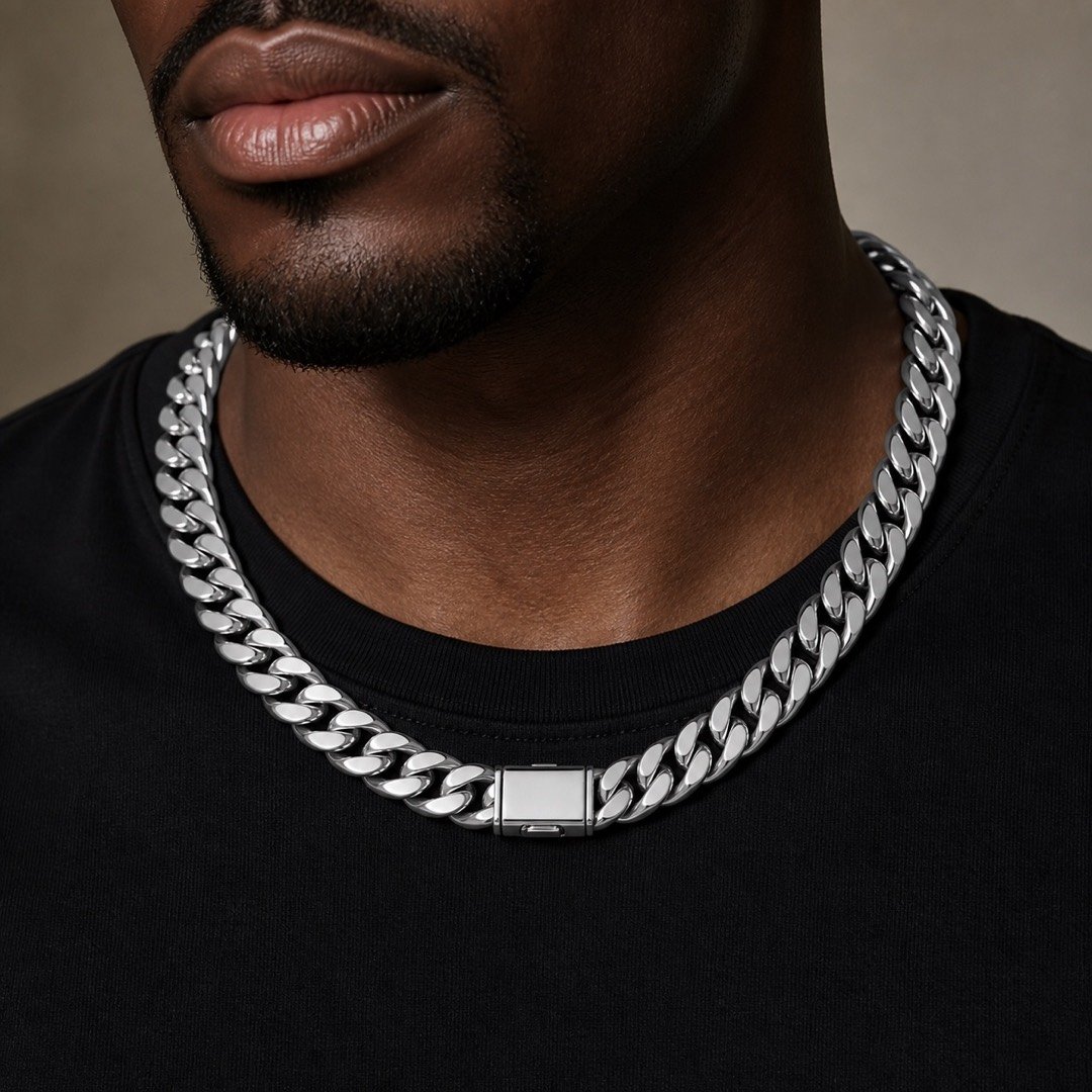 14mm Polished Stainless Steel Miami Cuban Chain with Box Clasp — close worn view 14mm Polished Stainless Steel Miami Cuban Chain with Box Clasp — close worn view