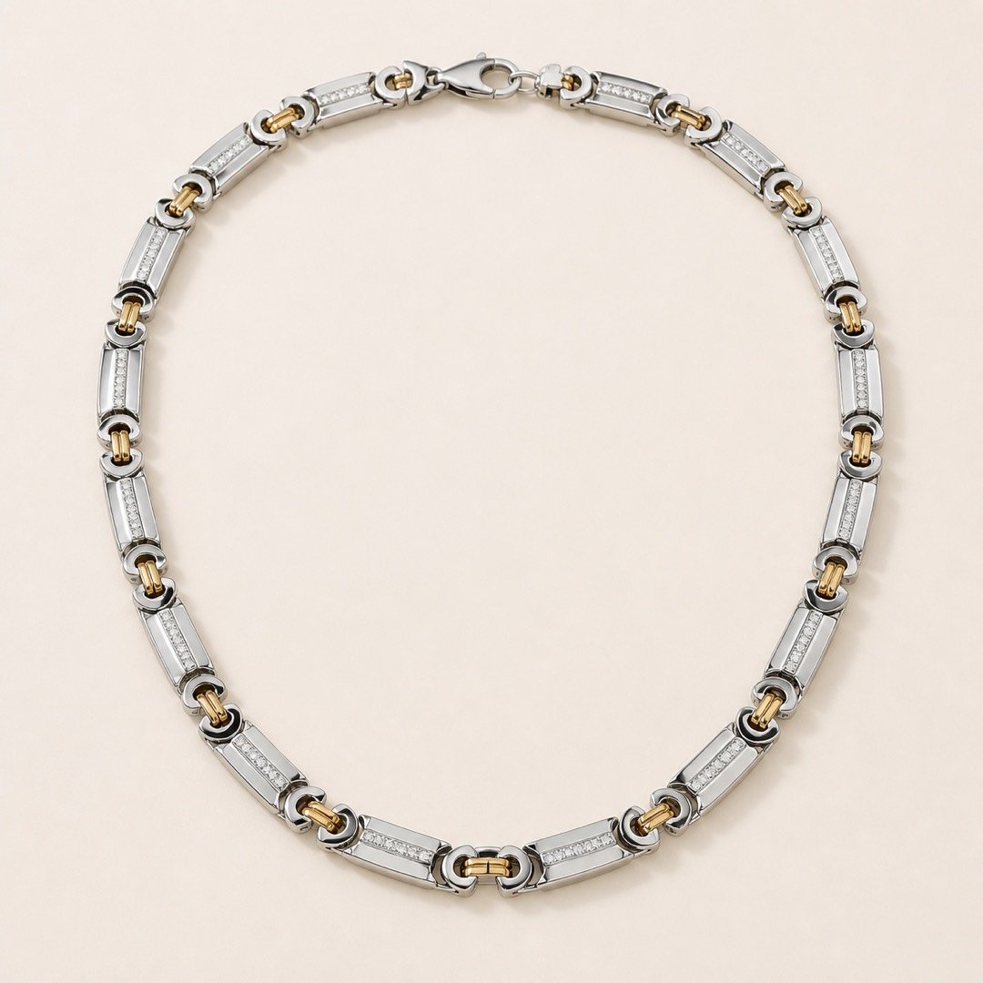 gold finish stainless steel flat byzantine cz chain Gold-Finish Stainless Steel Flat Byzantine CZ Chain — product view