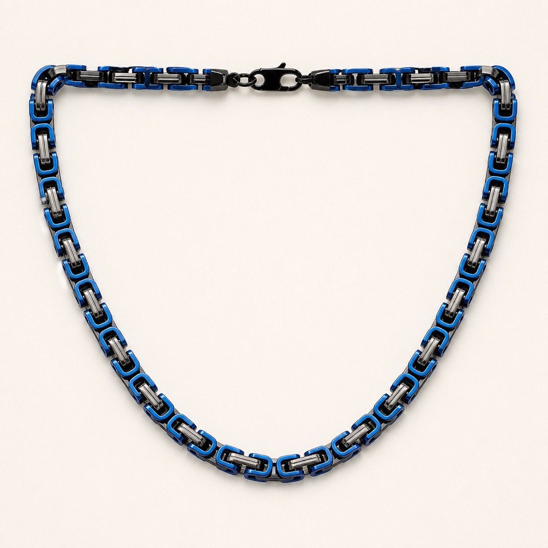 Black & Blue Stainless Steel Byzantine Chain — product view Black & Blue Stainless Steel Byzantine Chain — product view