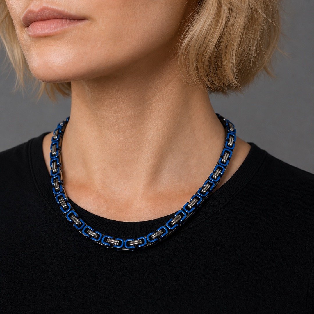 Black & Blue Stainless Steel Byzantine Chain — close worn view Black & Blue Stainless Steel Byzantine Chain — close worn view