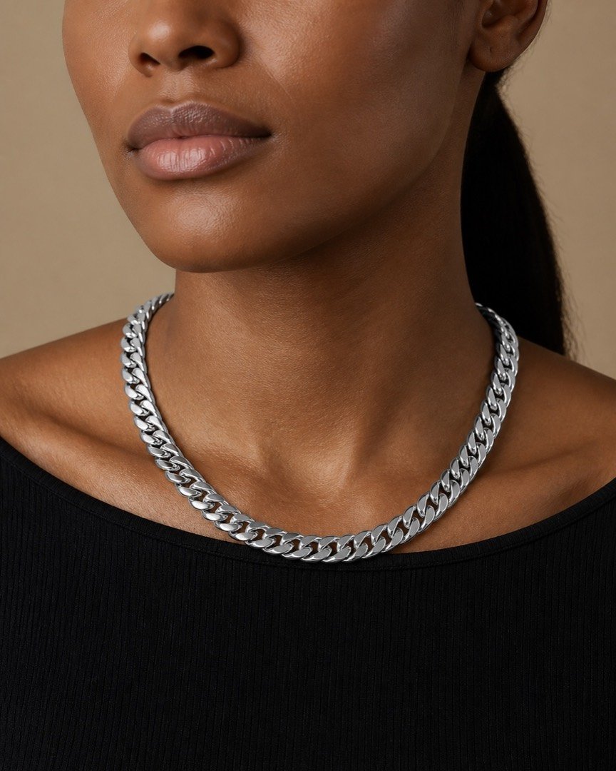 polished stainless steel double cuban chain Polished Stainless Steel Double Cuban Chain — close worn view