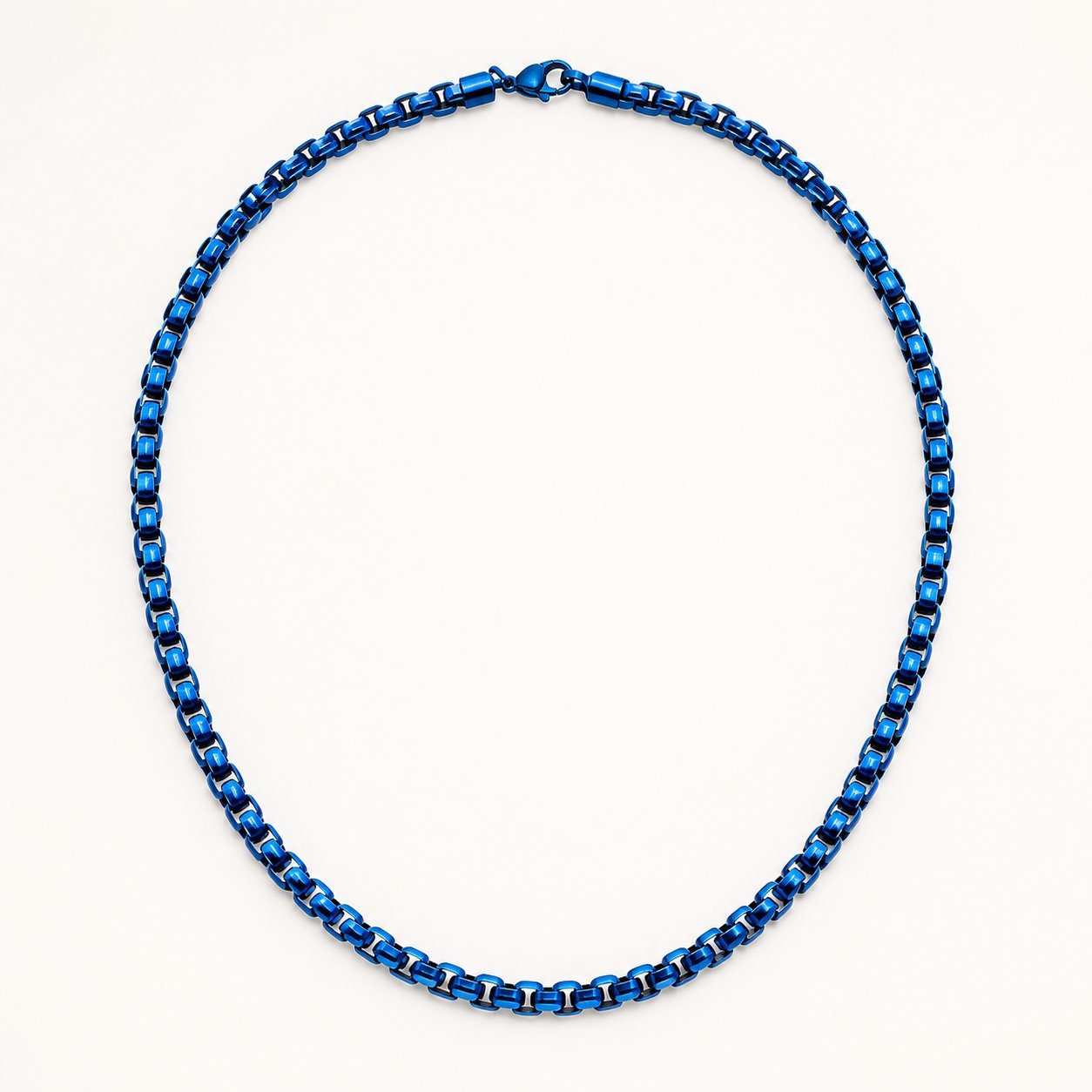 Diamond-Cut Blue Stainless Steel Box Rolo Chain — product view Diamond-Cut Blue Stainless Steel Box Rolo Chain — product view