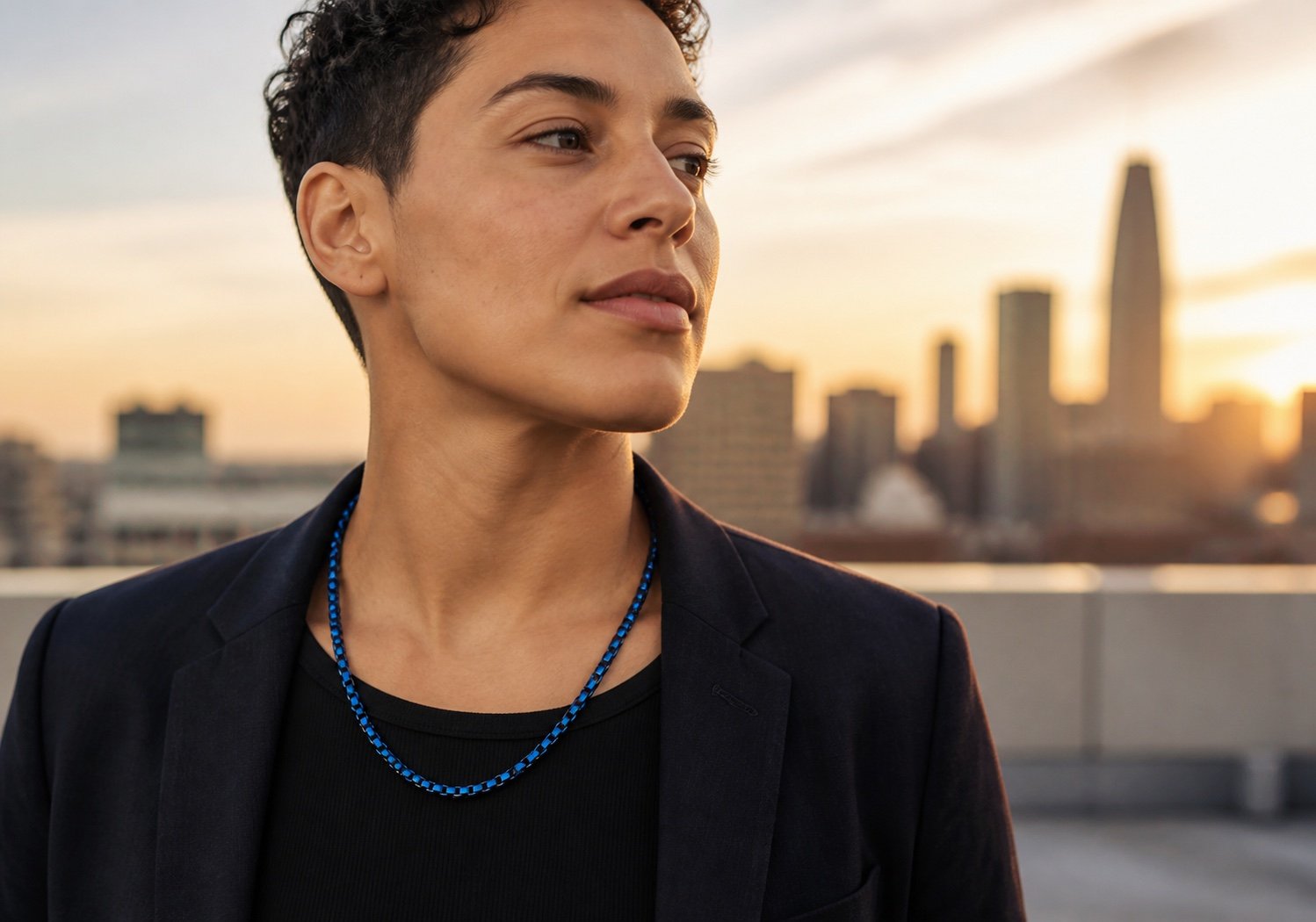 Diamond-Cut Blue Stainless Steel Box Rolo Chain — lifestyle view Diamond-Cut Blue Stainless Steel Box Rolo Chain — lifestyle view
