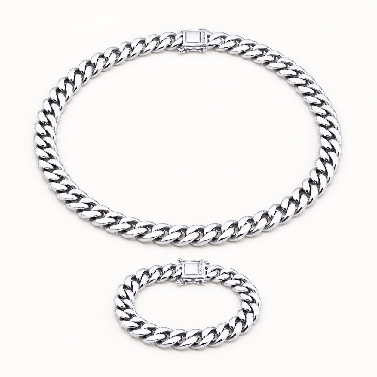 14mm Stainless Steel Cuban Chain & Bracelet Set — product view 14mm Stainless Steel Cuban Chain & Bracelet Set — product view
