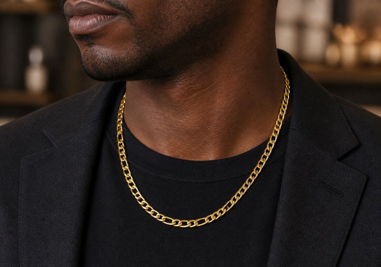Gold-Tone Stainless Steel Figaro Chain — detail view Gold-Tone Stainless Steel Figaro Chain — detail view