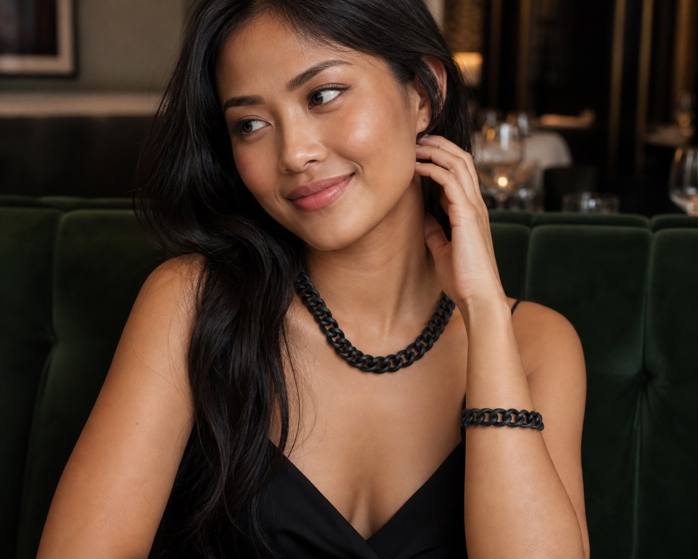 14mm Matte Black Miami Cuban Chain & Bracelet Set — styled view 14mm Matte Black Miami Cuban Chain & Bracelet Set — styled view