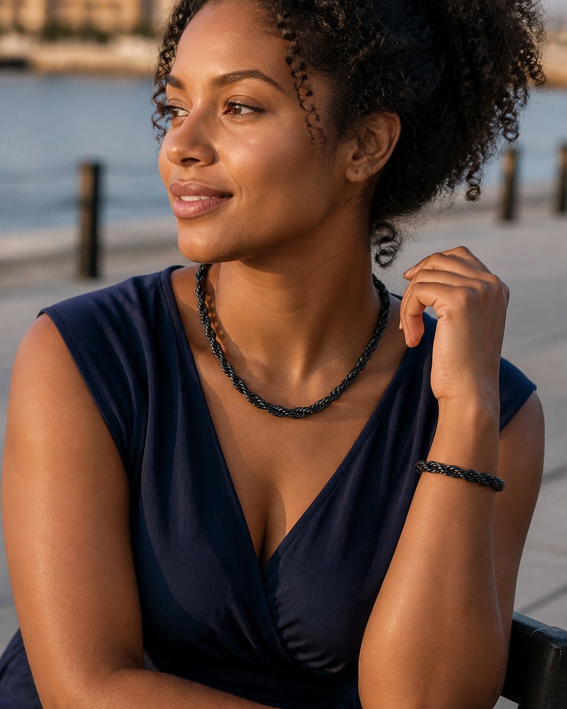Black Rope Chain & Bracelet Set — styled view Black Rope Chain & Bracelet Set — styled view
