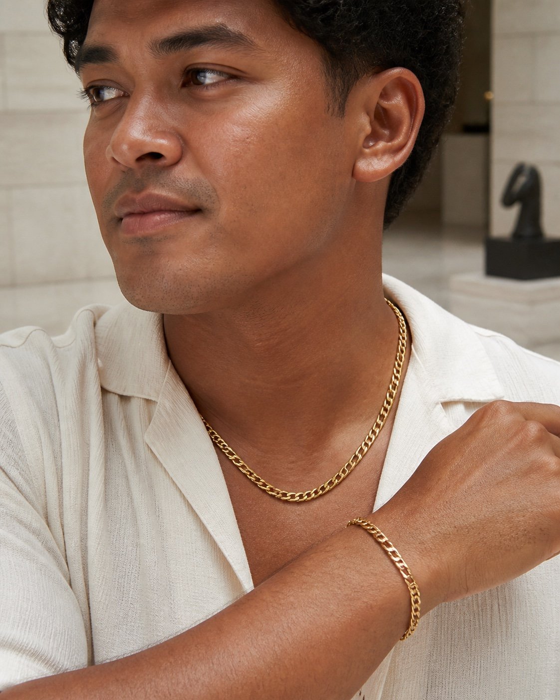 Gold-Tone Figaro Chain & Bracelet Set — detail view Gold-Tone Figaro Chain & Bracelet Set — detail view