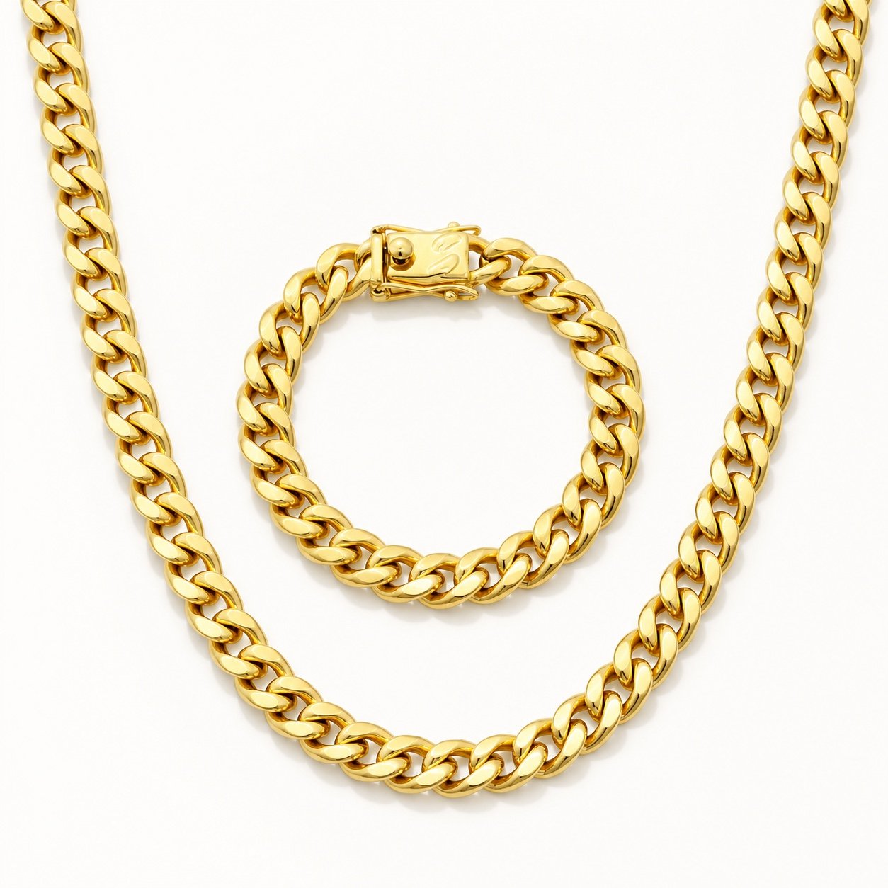 10mm Gold-Tone Miami Cuban Chain & Bracelet Set — product view 10mm Gold-Tone Miami Cuban Chain & Bracelet Set — product view