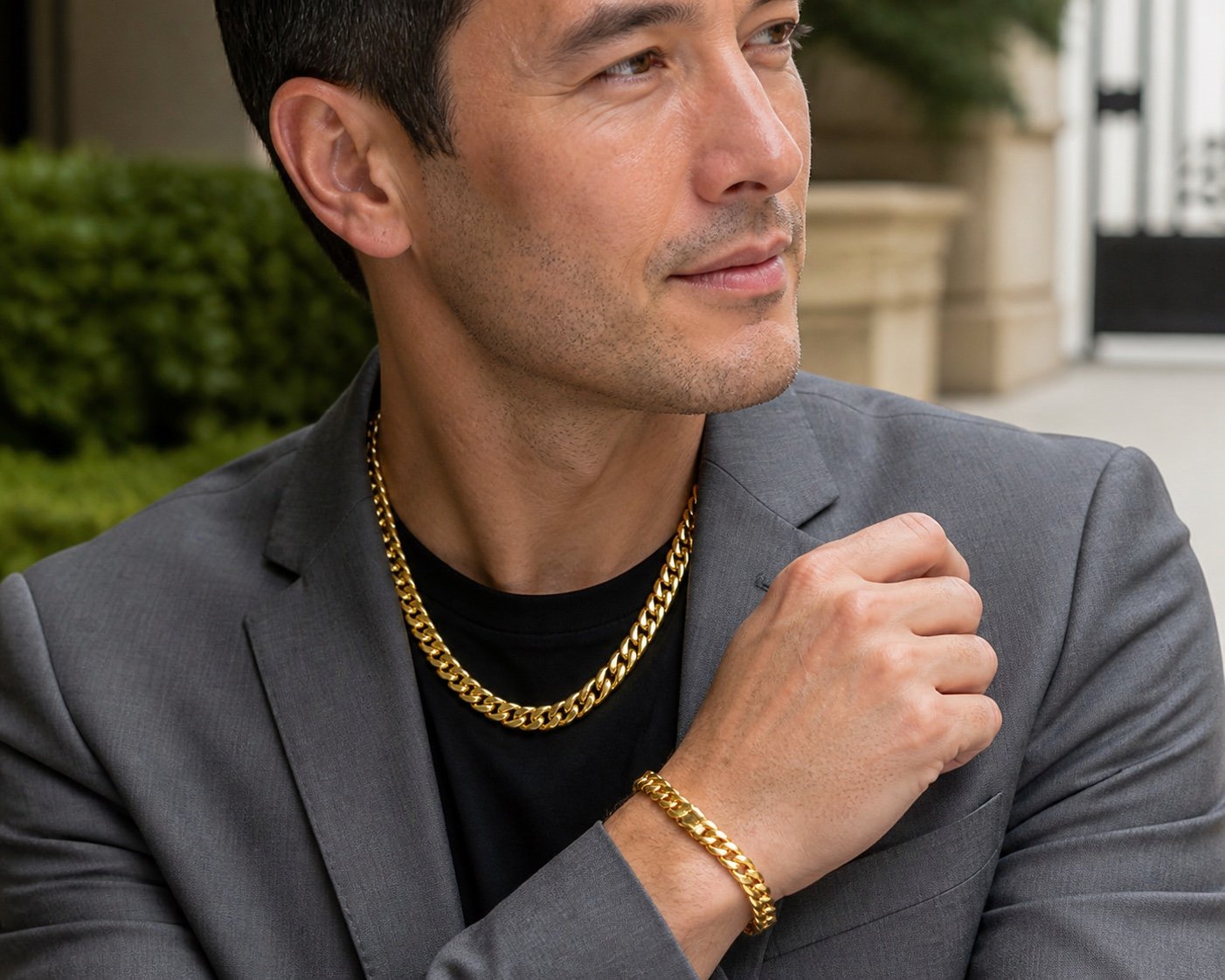 10mm Gold-Tone Miami Cuban Chain & Bracelet Set — detail view 10mm Gold-Tone Miami Cuban Chain & Bracelet Set — detail view