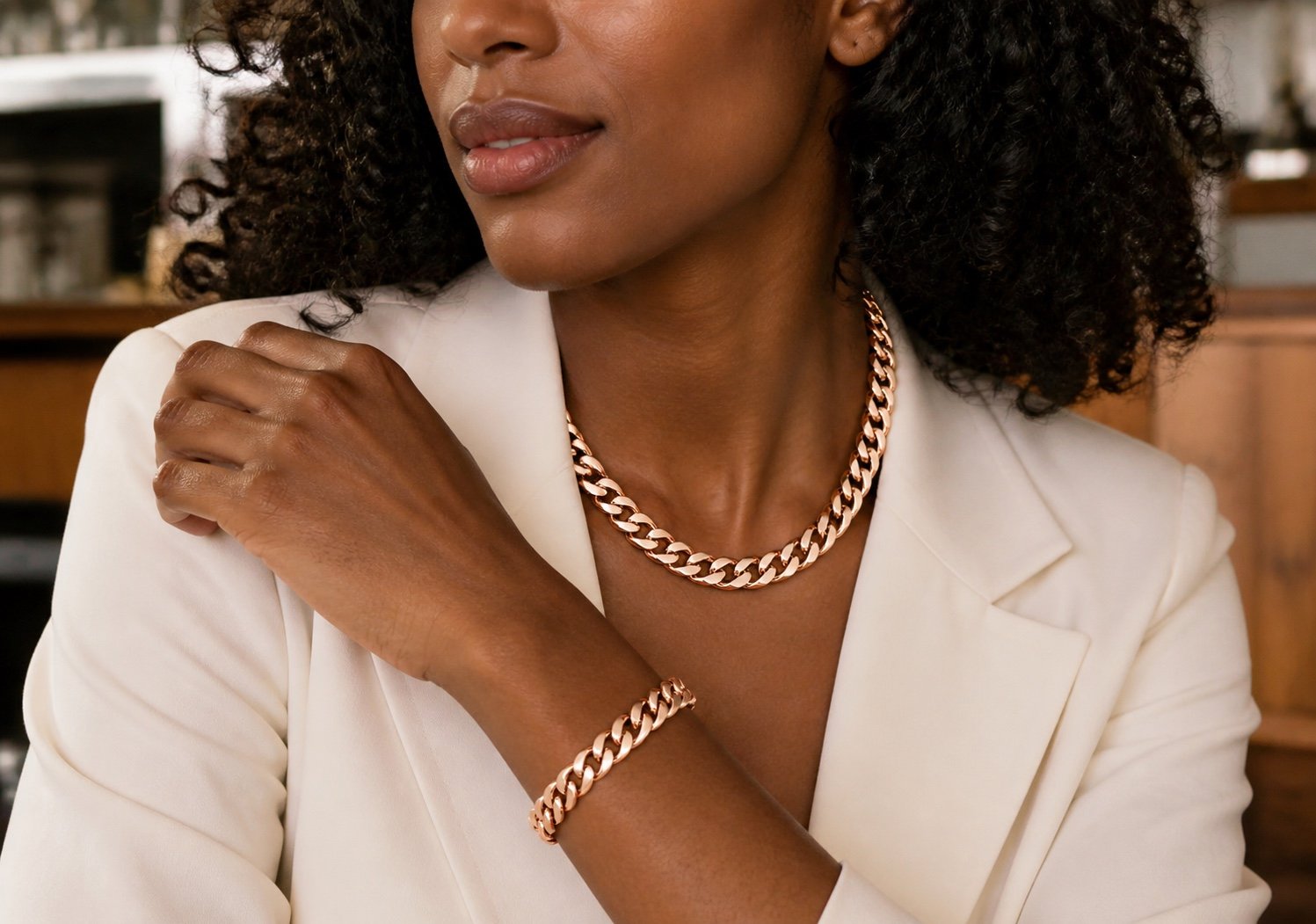 10mm Rose Gold-Tone Curb Chain & Bracelet Set — detail view 10mm Rose Gold-Tone Curb Chain & Bracelet Set — detail view