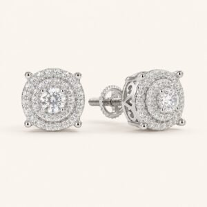 Rhodium-Plated 925 Sterling Silver Round Halo Moissanite Stud Earrings — product view