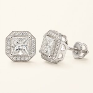 Rhodium-Plated 925 Sterling Silver Princess-Cut Halo Moissanite Stud Earrings — product view