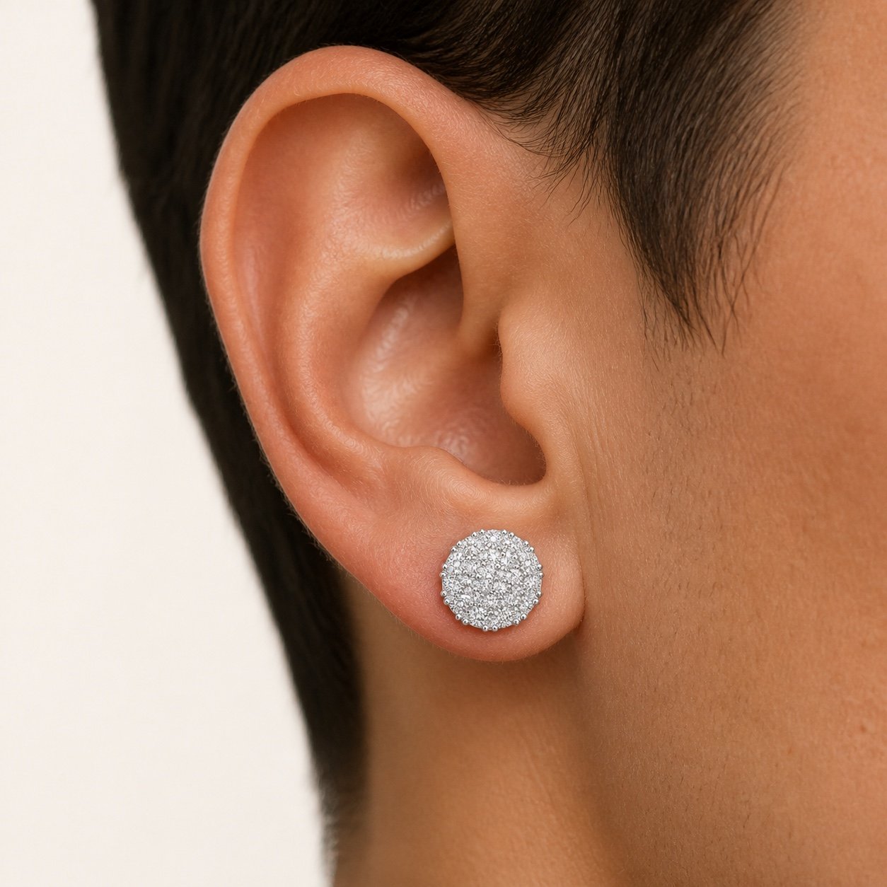 rhodium plated 925 sterling silver round pavé moissanite stud earrings Rhodium-Plated 925 Sterling Silver Round Pavé Moissanite Stud Earrings — close worn view