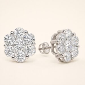 Rhodium-Plated 925 Sterling Silver Seven-Stone Floral Moissanite Stud Earrings — product view