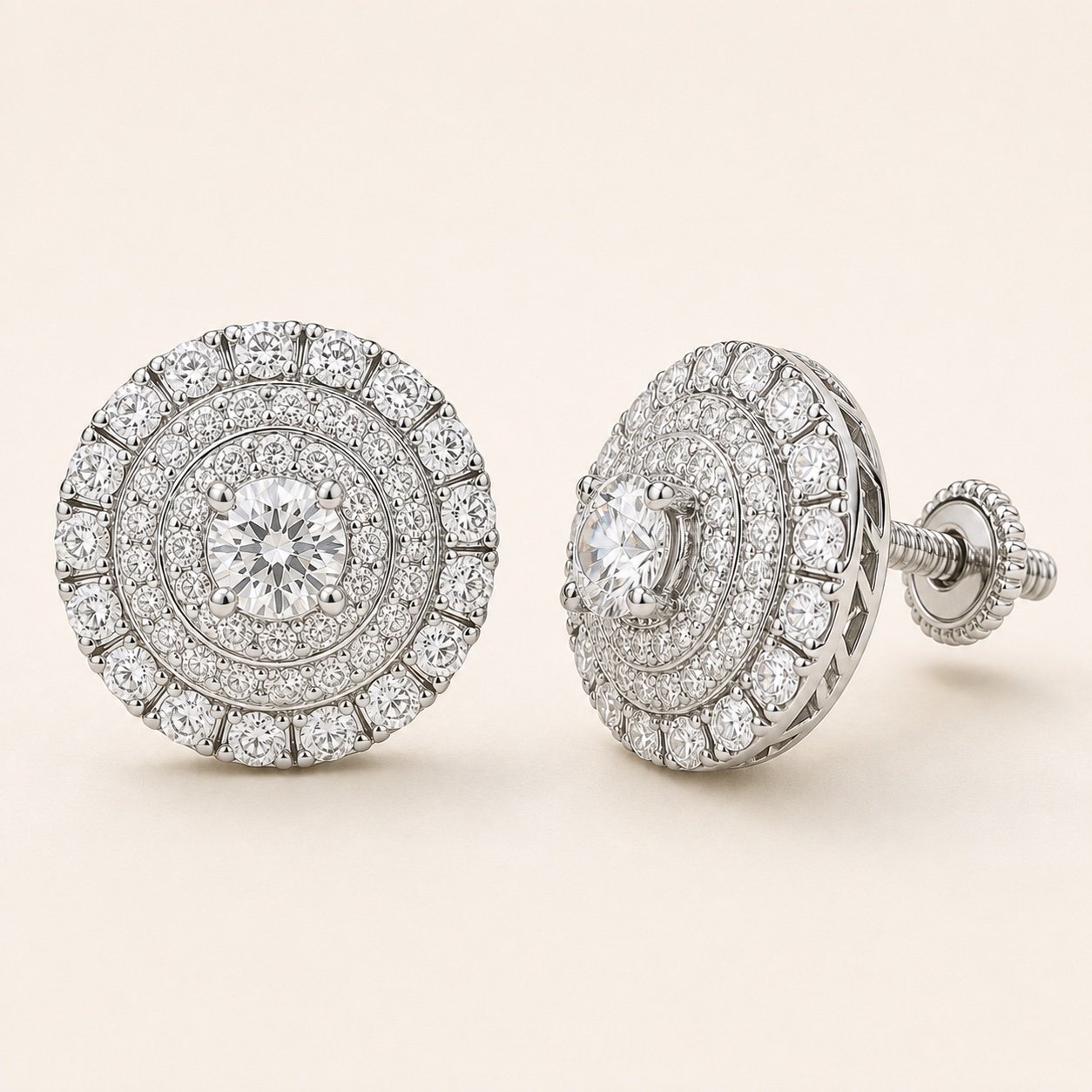rhodium plated 925 sterling silver tiered multi halo moissanite stud earrings Rhodium-Plated 925 Sterling Silver Tiered Multi-Halo Moissanite Stud Earrings — product view