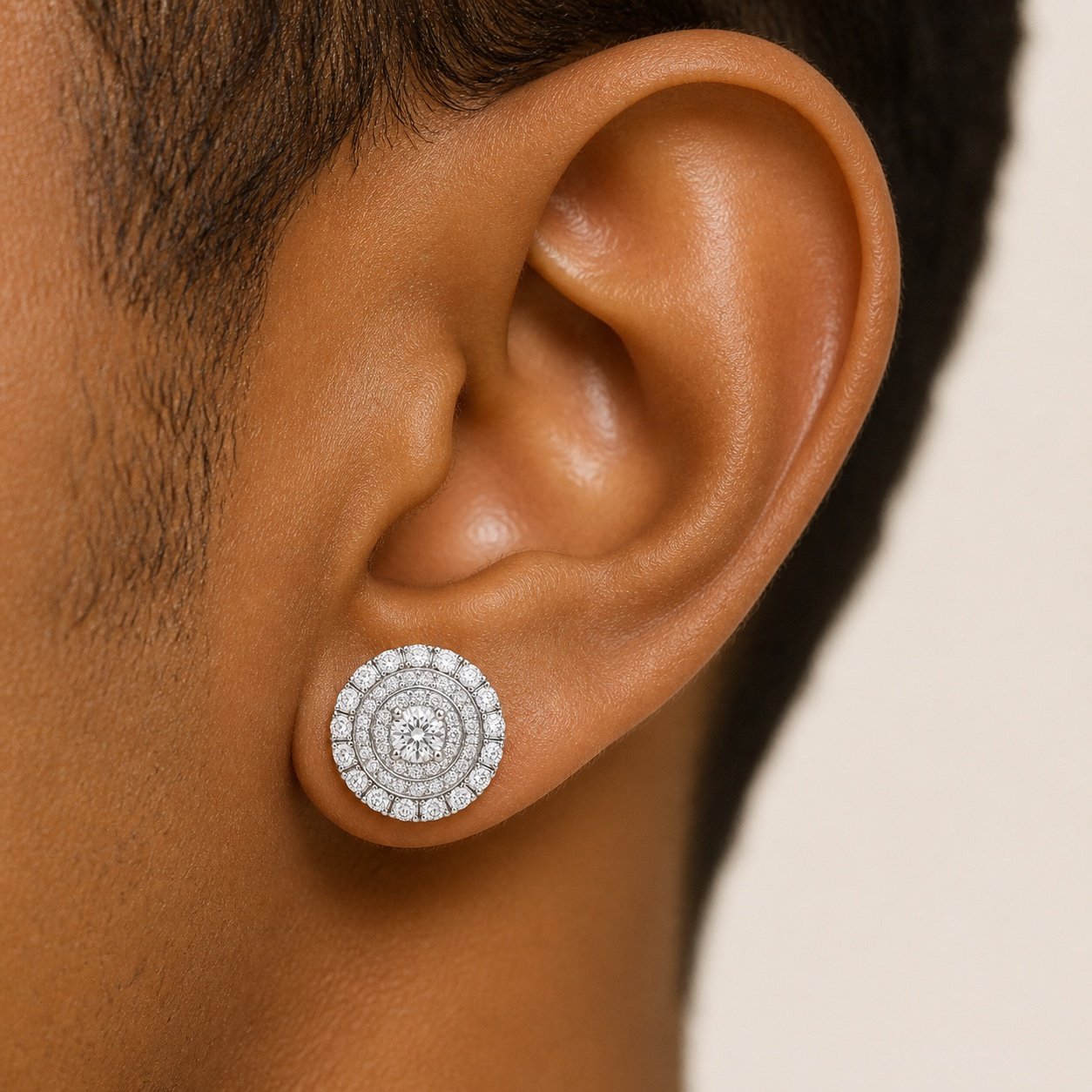rhodium plated 925 sterling silver tiered multi halo moissanite stud earrings Rhodium-Plated 925 Sterling Silver Tiered Multi-Halo Moissanite Stud Earrings — close worn view