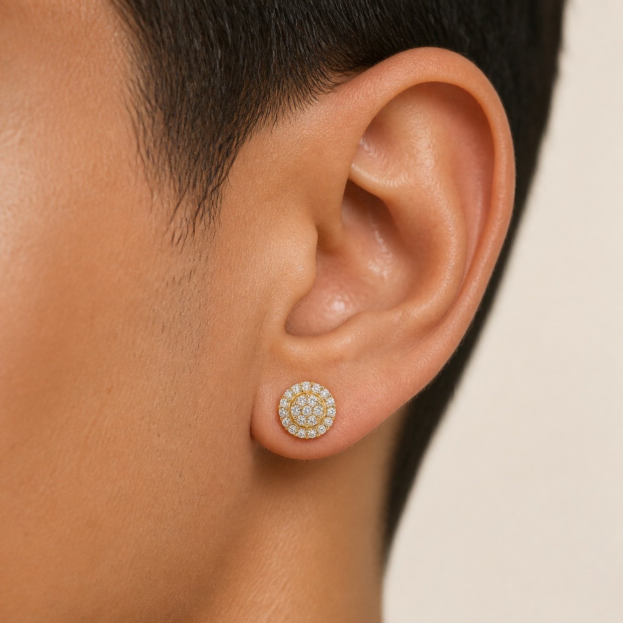 gold over 925 sterling silver round cluster halo moissanite stud earrings Gold over 925 Sterling Silver Round Cluster-Halo Moissanite Stud Earrings — close worn view