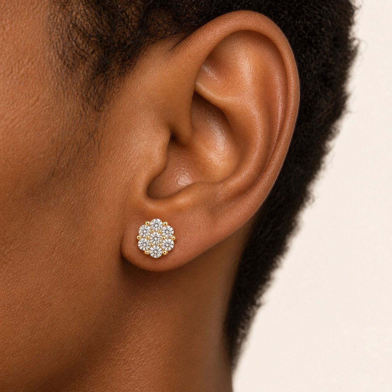 gold over 925 sterling silver seven stone floral moissanite stud earrings Gold over 925 Sterling Silver Seven-Stone Floral Moissanite Stud Earrings — close worn view