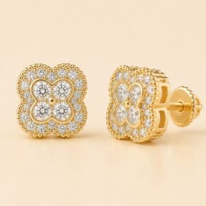 Gold over 925 Sterling Silver Four-Petal Floral Moissanite Stud Earrings — product view