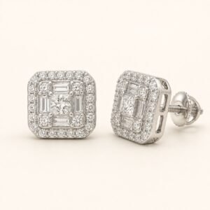 Rhodium-Plated 925 Sterling Silver Mixed-Cut Cushion-Halo Moissanite Stud Earrings — product view