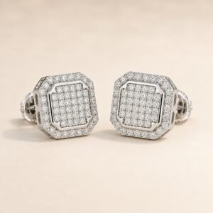 Rhodium-Plated 925 Sterling Silver Octagonal Double-Halo Moissanite Stud Earrings — product view