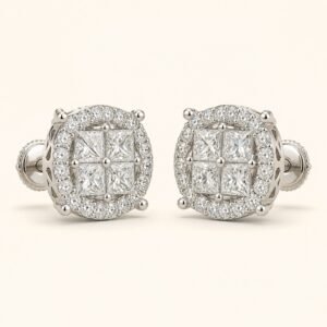 Rhodium-Plated 925 Sterling Silver Four-Stone Halo Moissanite Stud Earrings — product view