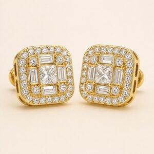 Gold over 925 Sterling Silver Mixed-Cut Cushion-Halo Moissanite Stud Earrings — product view