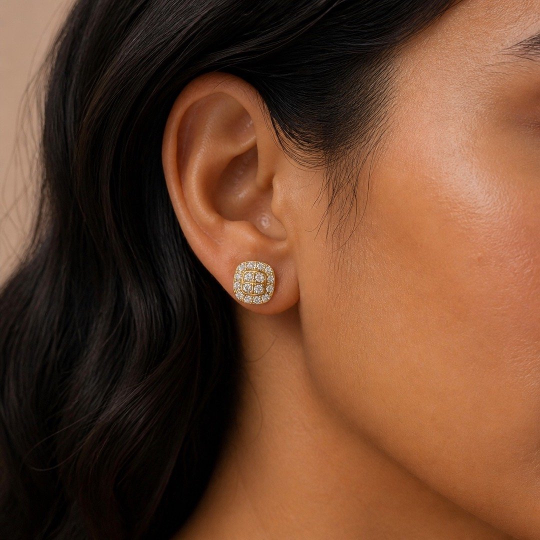 Gold over 925 Sterling Silver Four-Stone Cushion-Halo Moissanite Stud Earrings — close worn view Gold over 925 Sterling Silver Four-Stone Cushion-Halo Moissanite Stud Earrings — close worn view
