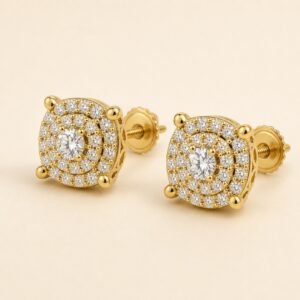 Gold over 925 Sterling Silver Cushion Double-Halo Moissanite Stud Earrings — product view