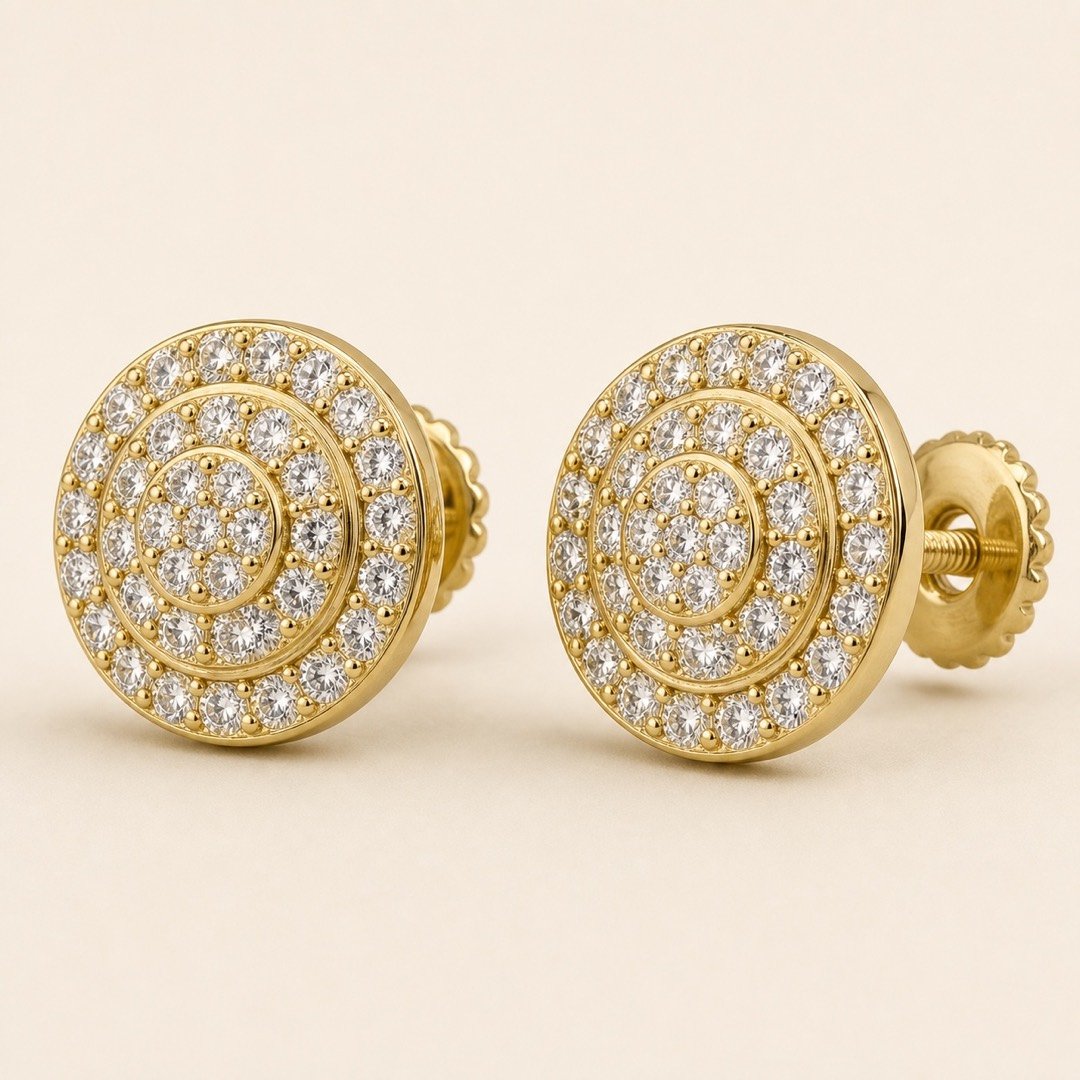 Gold over 925 Sterling Silver Three-Tier Round Halo Moissanite Stud Earrings — product view Gold over 925 Sterling Silver Three-Tier Round Halo Moissanite Stud Earrings — product view