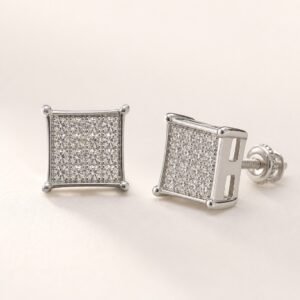 Rhodium-Plated 925 Sterling Silver Square Pavé Moissanite Stud Earrings — product view