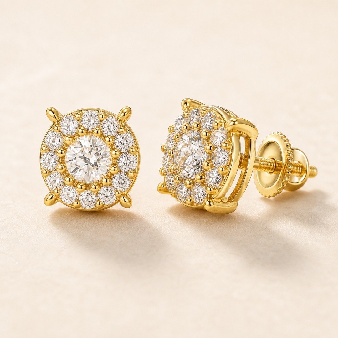 Gold over 925 Sterling Silver Round Cluster-Halo Moissanite Stud Earrings — product view Gold over 925 Sterling Silver Round Cluster-Halo Moissanite Stud Earrings — product view
