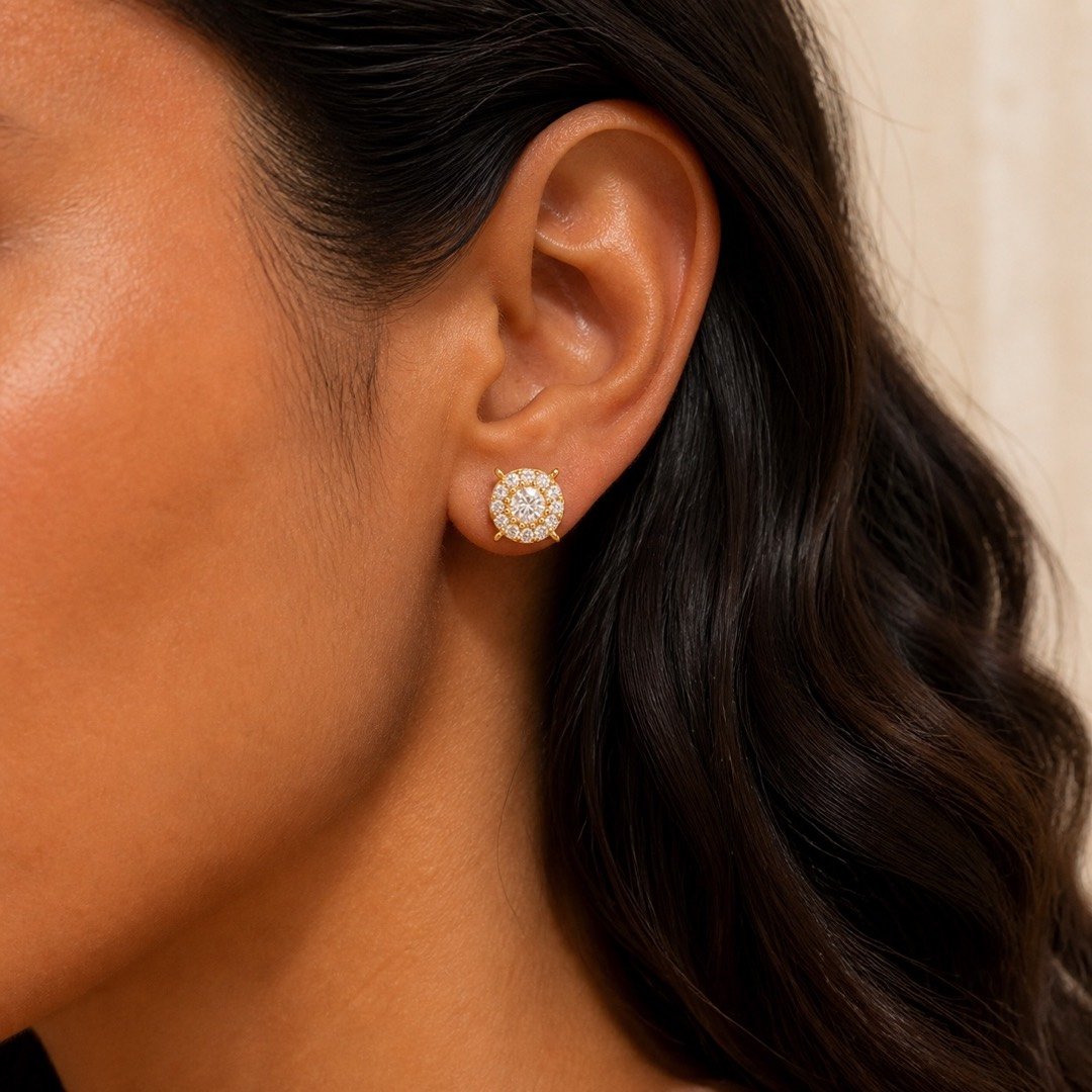 Gold over 925 Sterling Silver Round Cluster-Halo Moissanite Stud Earrings — close worn view Gold over 925 Sterling Silver Round Cluster-Halo Moissanite Stud Earrings — close worn view