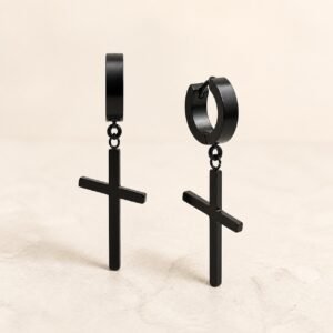 Black-Finish Stainless Steel Hoop Cross Earrings — product view