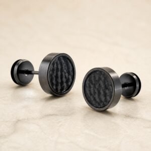9mm Black-Finish Stainless Steel Black Carbon-Fiber Stud Earrings — product view