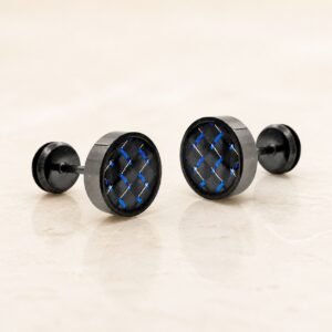 9mm Black-Finish Stainless Steel Blue Carbon-Fiber Stud Earrings — product view