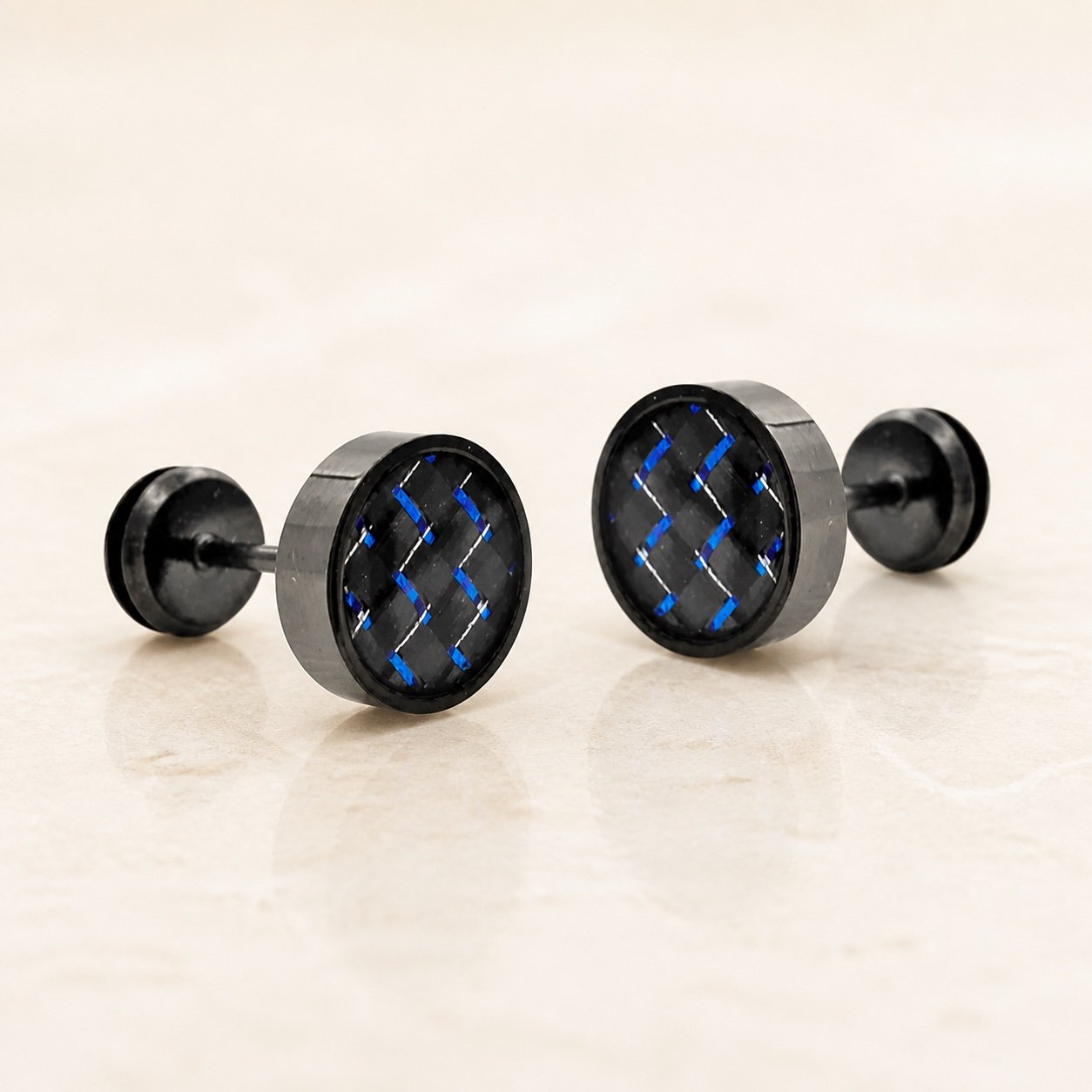 9mm Black-Finish Stainless Steel Blue Carbon-Fiber Stud Earrings — product view 9mm Black-Finish Stainless Steel Blue Carbon-Fiber Stud Earrings — product view