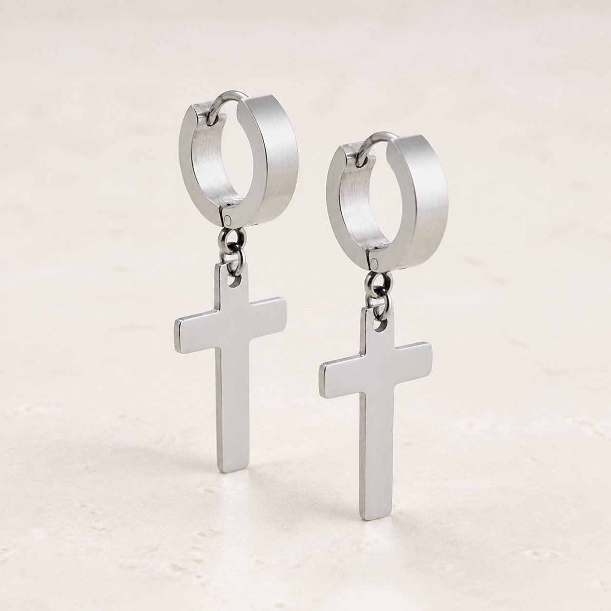 Polished Stainless Steel Cross Earrings — product view Polished Stainless Steel Cross Earrings — product view