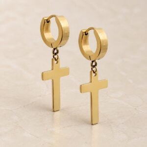 Gold-Finish Stainless Steel Cross Earrings — product view