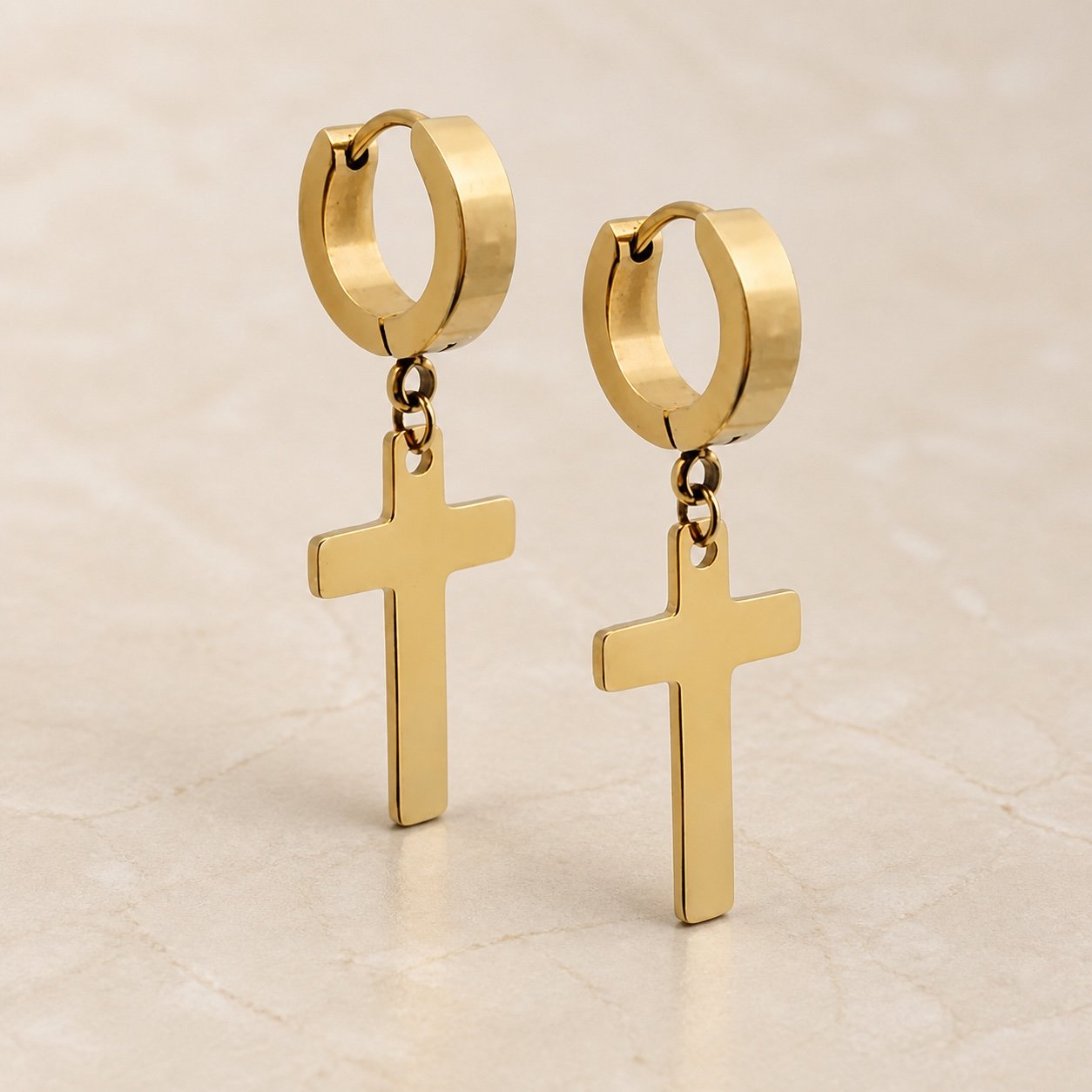 Gold-Finish Stainless Steel Cross Earrings — product view Gold-Finish Stainless Steel Cross Earrings — product view