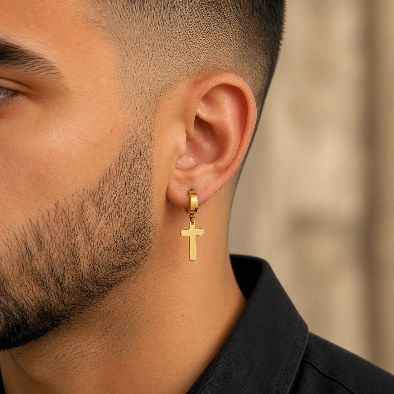 Gold-Finish Stainless Steel Cross Earrings — close worn view Gold-Finish Stainless Steel Cross Earrings — close worn view