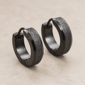 14mm Black-Finish Sandblasted Stainless Steel Hoop Earrings — product view