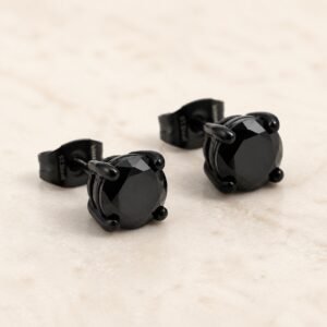 7mm Black-Finish Stainless Steel Black-CZ Stud Earrings — product view