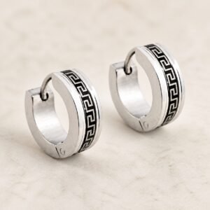 14mm Black & Silver Greek-Key Stainless Steel Hoop Earrings — product view