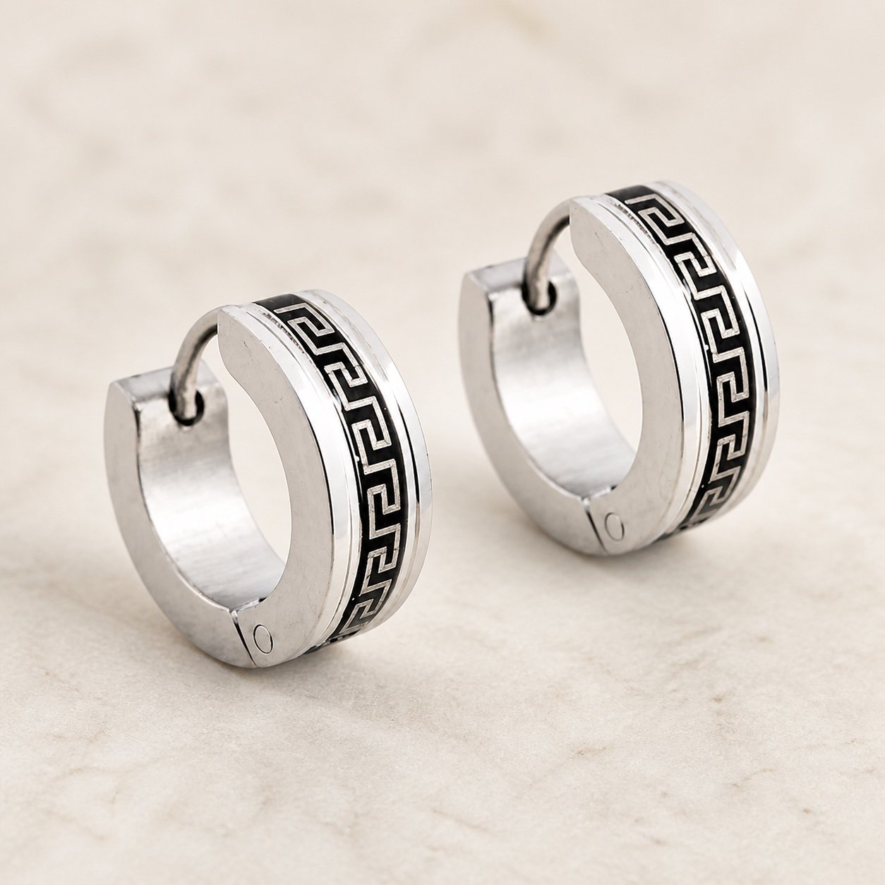 14mm Black & Silver Greek-Key Stainless Steel Hoop Earrings — product view 14mm Black & Silver Greek-Key Stainless Steel Hoop Earrings — product view
