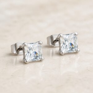 7mm Polished Stainless Steel Square CZ Stud Earrings — product view