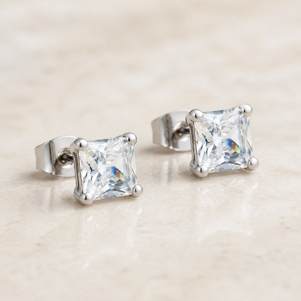 7mm Polished Stainless Steel Square CZ Stud Earrings — product view 7mm Polished Stainless Steel Square CZ Stud Earrings — product view